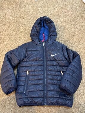 Nike Kids Navy Blue Hooded Puffer Jacket with White Swoosh
